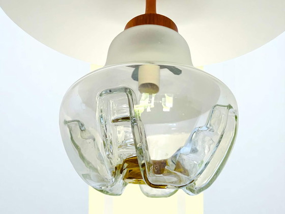 Image 1 of Mid Century hanging lamp in wood and art glass in style of Mazzega, 1960s