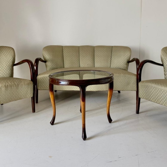 Image 1 of 1x Französischer Art-Deco-Couchtisch aus den 1930er Jahren, Buchenholz & Glas, geschwungenes Design