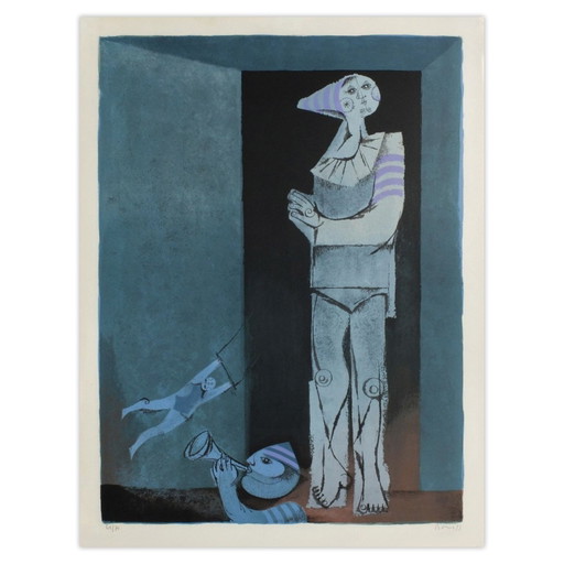 Samy BRISS, The Saltimbanques - Il trapezio volante. Litografia firmata, 1977.