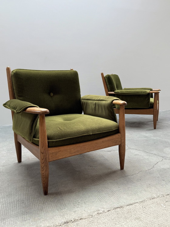 Image 1 of Lot de 2 fauteuils Wilhelm Knoll accoudoirs chêne bois massif velours vert, Allemagne années 1960