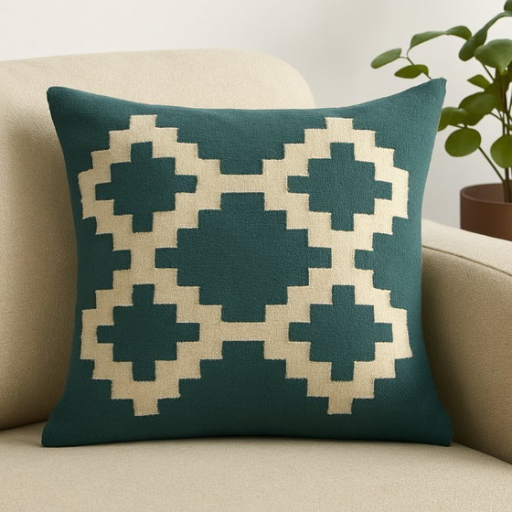 Image 1 of Handmade Egyptian Wool Cushion Cover "Senon" - 40×40 cm - Green & Cream - With Zipper - Excluding Inner Cushion