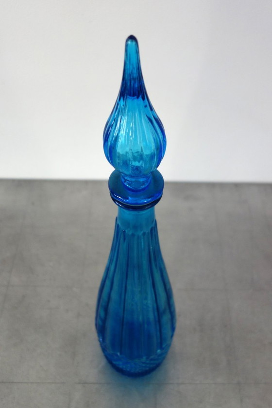 Empoli bottle or decanter with stopper, Italy 1960, Glass & Decanter, Glass, Blue, Vintage (photo 2 of 8)