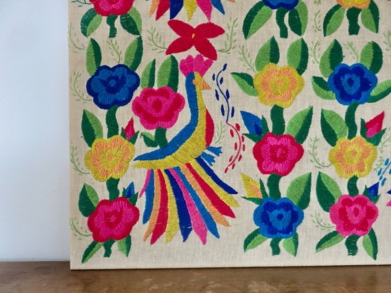Image 1 of Large Mexican tapestry "otomi tenango", colorful flowers and birds, 1970