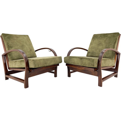 Coppia di poltrone regolabili in legno Art Déco vintage, anni '30