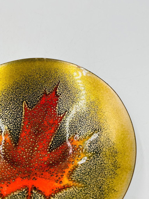 Enamelled leaf trinket tray signed Jules Perrier, artisan from Quebec