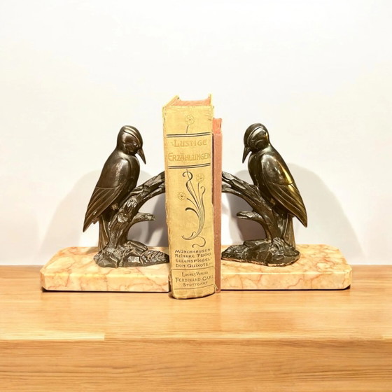 Vintage 1940s/1950s Art Deco Style Bookends, Two Patinated Pewter Woodpeckers on a Branch with Marble Base. (photo 3 of 7)