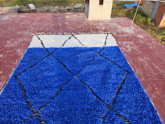 Image 1 of Blue Beni Ourain Rug 250x150 cm – Handmade Moroccan Wool Rug – Berber Diamond Carpet – Modern Boho Area Rug