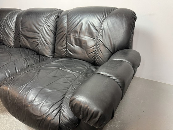 Image 1 of Beautiful Big Black Leather Postmodern Italian Design Space Age 3-Seat Lounge Sofa with Brass Buttons and Playful Cord Lacing