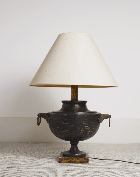 Image 1 of  Italian Neoclassical Amphora Table Lamp Black Patina Urn Base with Brass Handles Vintage Classical Lighting 