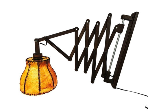 Scherenlampe | Mundharmonikalampe | Wandlampe | Vintage | Eiche | Schweinsblase | 70er Jahre |