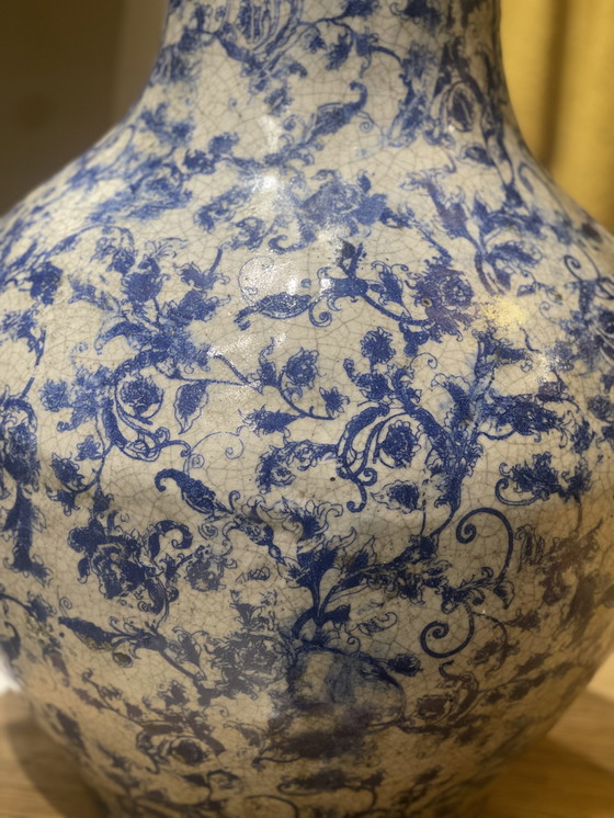 Image 1 of Mega XL large earthenware ceramic vase blue white glaze heavy