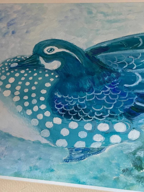 Original watercolor, signed and dated, loon on the water, framed under glass – Paintings & Drawings, Aluminium (photo 3 of 9)