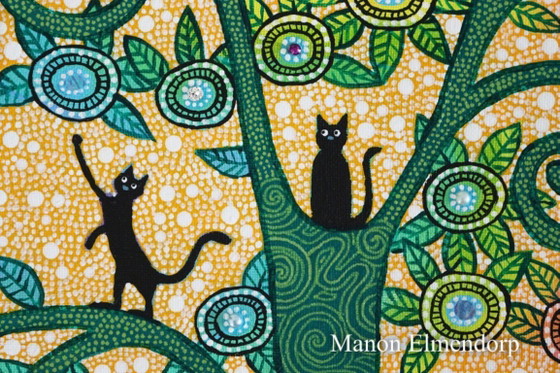 Image 1 of Unique Hand-Painted Small Painting Cats in Tree 30x18 cm