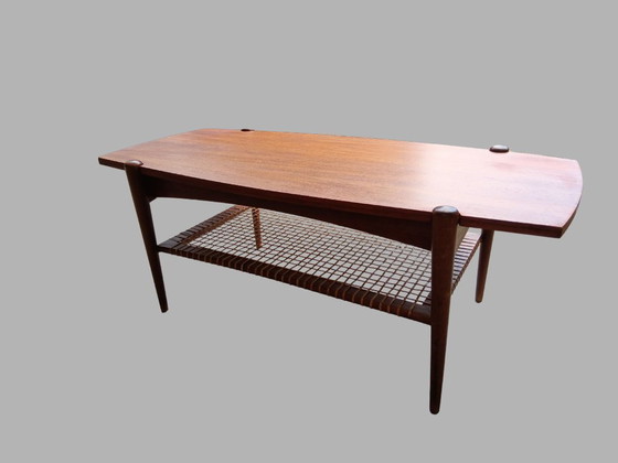 Image 1 of Tavolino da caffè Creafort in teak con piano reversibile e ripiano in rattan, anni '70