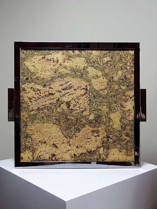 Mid - Century chic Chrome, cork and glass plate tray from the 70s