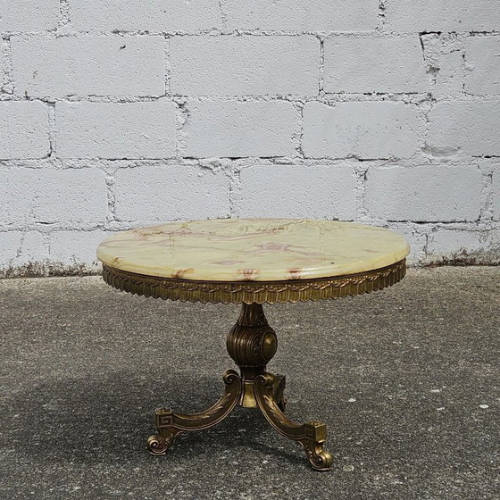 Image 1 of French Vintage Onyx Marble and Brass Coffee Table- Round Marble Cocktail Table-Style Louis XV -60s
