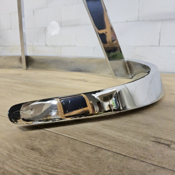 Image 1 of Vintage Frans Space Age Design Eetkamer set Boris Tabacoff Frankrijk 1970 chromen glazen eettafel + 4 leren stoelen