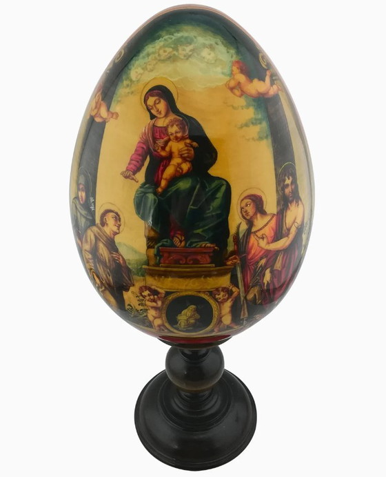 Image 1 of Giant Hand Painted Easter Egg Solid Wood Sergiev Posad, Correggio, Reproduction oil painting, Madonna with St Francis