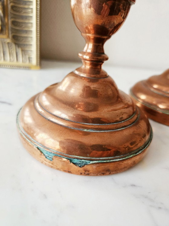 Image 1 of Paire Bougeoirs Anciens Cuivre Doublé Poinçonnés XIXe Style Louis XV Balustre Déco Charme Orfèvrerie
