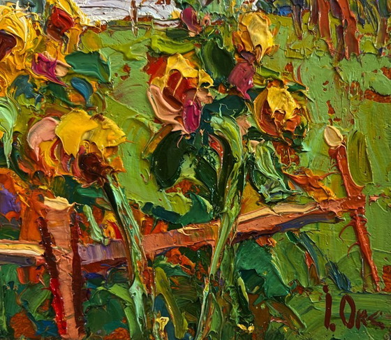 Image 1 of Original Oil Painting Country Flowers Landscape There are sunflowers in the yard
