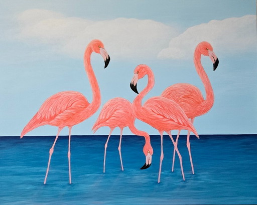 Large flamingo painting handmade with acrylic paint directly from the artist