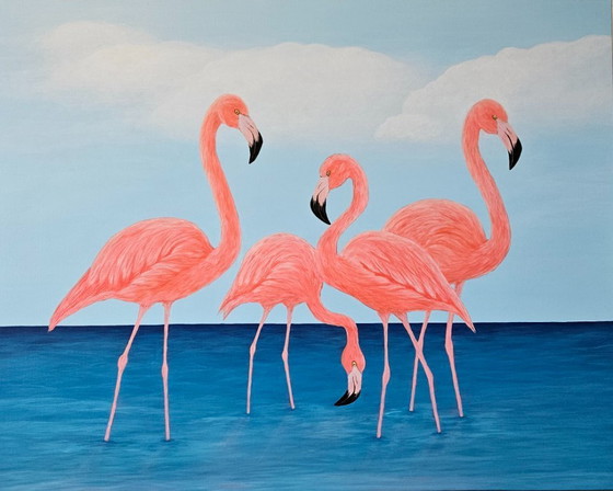 Image 1 of Large flamingo painting handmade with acrylic paint directly from the artist