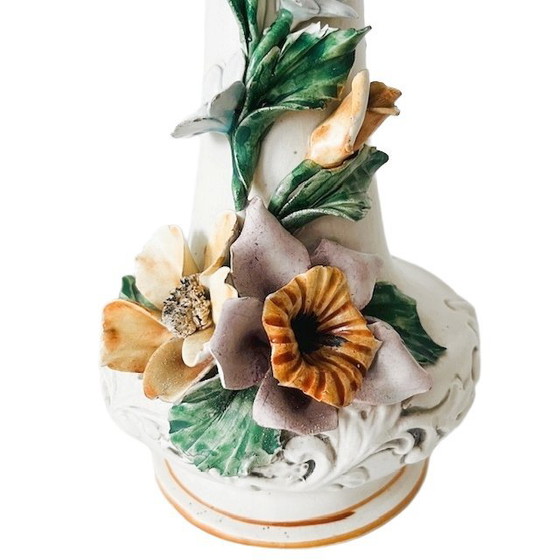 Image 1 of Vintage Italian Baroque Capodimonte Vase Porcelain Rococo Flowers 1960s