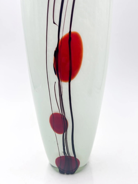 70s White Murano Glass Vase with Red and Black Decorations (photo 3 of 11)