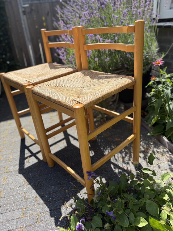Image 1 of Ensemble de 2 tabourets de bar vintage des années 50 avec assises en jonc