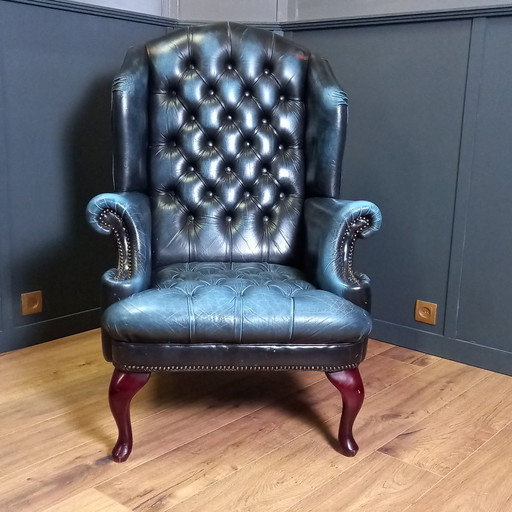 Fauteuil Chesterfield Barrelback en cuir bleu