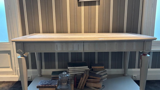 Image 1 of Console en bois massif laqué beige avec tiroir