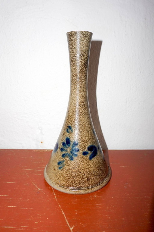 hand-thrown stoneware vase with cobalt blue floral glaze * vintage studio pottery * tall flower vase with narrow neck * ceramic 