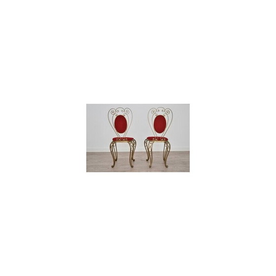 Image 1 of Pair of vintage patinated brass, wrought iron and velvet side chairs, 1970s
