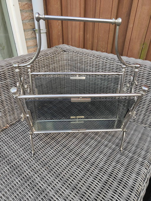 Vintage Magazine Rack of Brass and Glass Maison Bagues