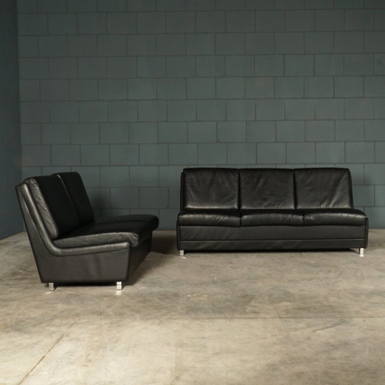 Image 1 of Set schwarzer Ledersofas aus der Mitte des Jahrhunderts – 1960er Jahre