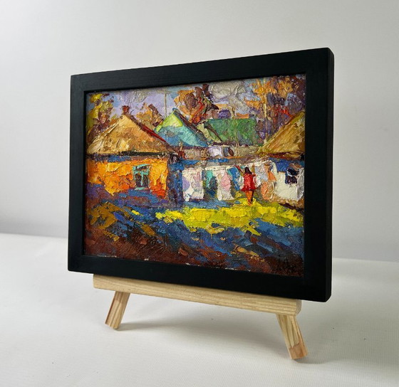 Image 1 of Origineel olieverfschilderij: Zomerdorplandschap, een zonnige dag op het platteland.