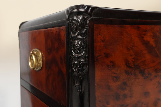 Image 1 of Paar Art Deco Nachtkastjes in Burl fineer, Eiken en Koper, Frankrijk ca. 1910