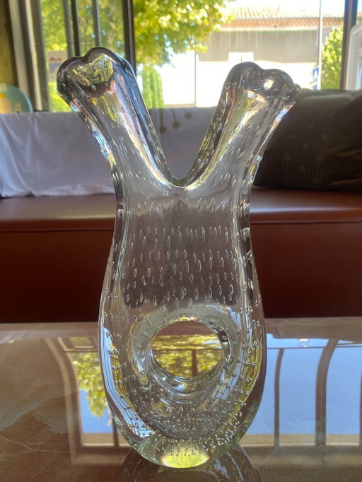 Vase en verre bullé de Murano Transparent avec des reflets violets sur les deux cols 1978