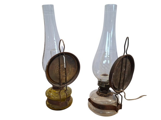 Image 1 of Pair of Vintage DITMAR Lamps – Antique Electrified Oil Lamps with Reflective Mirror