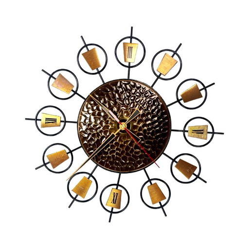Orologio da parete a raggiera in metallo e ottone, stile Mid-Century Modern, Germania anni '60