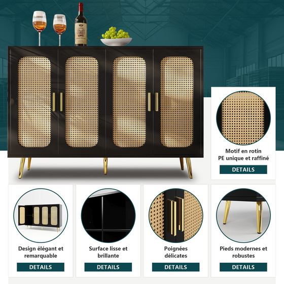 Image 1 of Urban Meuble zwart rotan dressoir met 4 deuren en gouden handgrepen en pootjes, 120 x 30 x 89 cm, STUGMAN