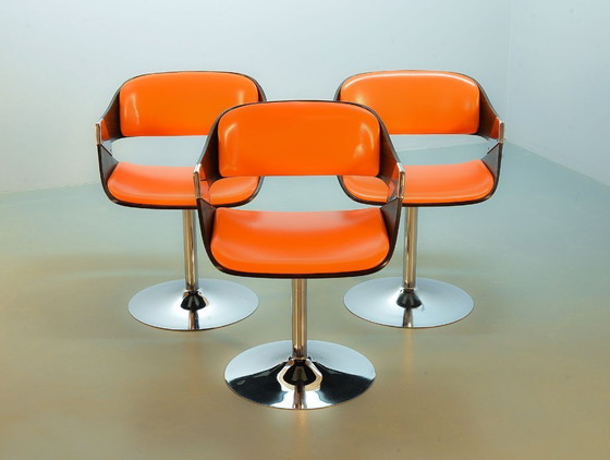 Image 1 of Rudi Verelst Radiant Orange Mid-Century Design Dining Chairs on Chrome Pedestal for Novalux. Set of 6. Belgium, 1960s