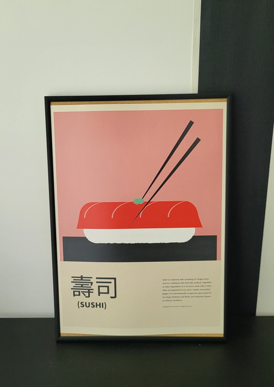 Image 1 of Estampe japonaise originale représentant des sushis, symbole de l'excellence de la cuisine japonaise.
