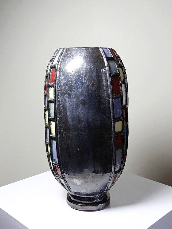 Image 1 of Large modernist vase in vintage black glazed ceramic art pottery from the 1950s-1970s