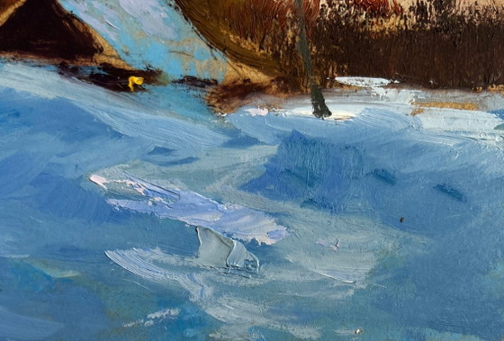 Image 1 of Original Oil Painting Sunset Village Landscape A quiet evening in the snowy glow