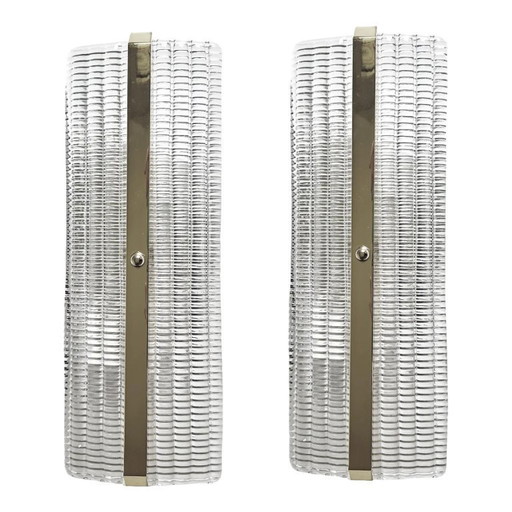 Moderne rechteckige Wandleuchten aus Muranoglas mit Diamantschliff und Chromoberfläche – Paar