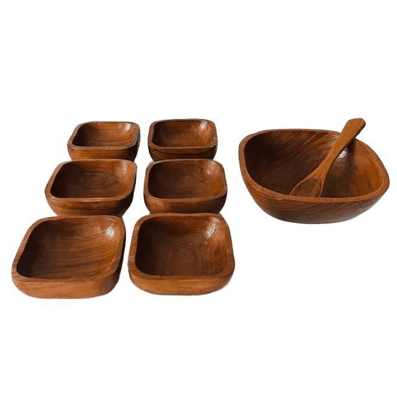 Image 1 of Vintage mid-century wooden bowl set teak 1970s