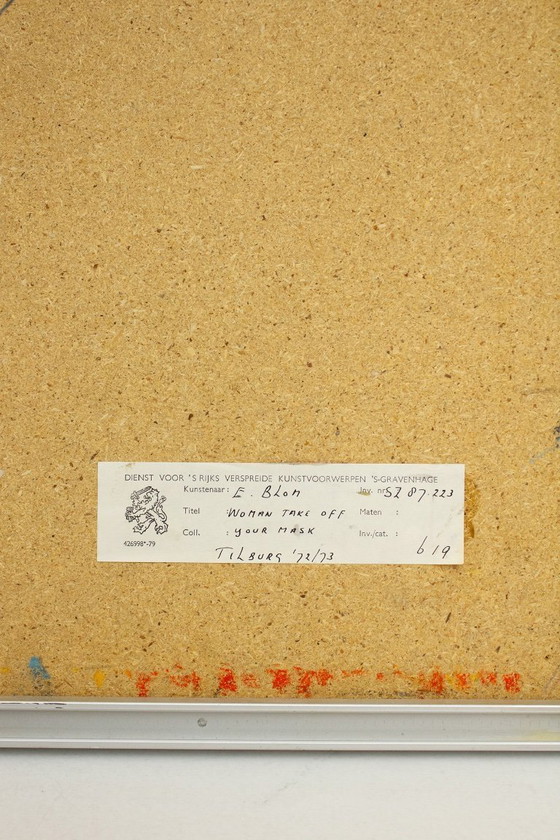 Image 1 of Peinture d'Evarsky Blom BKR intitulée « Femme, enlève ton masque », années 1970 - acrylique sur bois