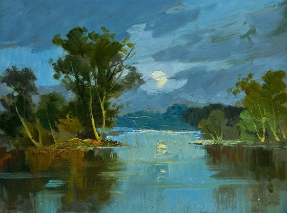 Image 1 of Original Oil Painting Summer River Landscape Peace and quiet in nature
