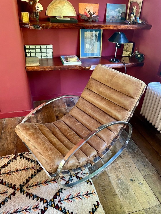 Image 1 of Vintage design rocking chair in the style of Hans Kaufeld, 1970s, leather and chrome, Bauhaus inspired.